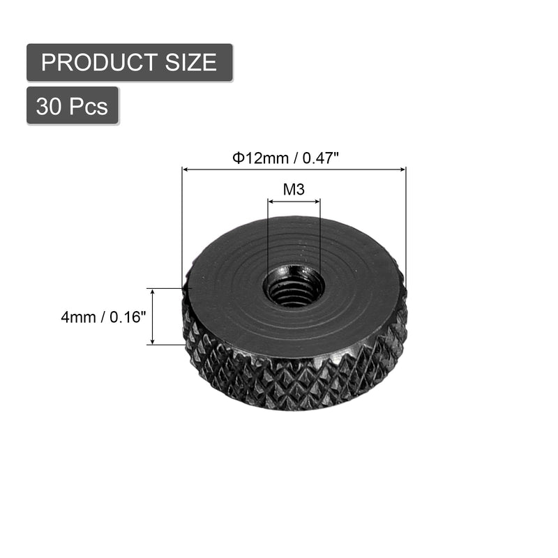 uxcell 30Pcs Flat Knurled Thumb Nuts, M3x12 x 4 mm Pass Hole Nut, Aluminum Alloy Diamond Knurled Nut Flat Head Through Hole Lock Adjusting Nuts for 3D Printer, Black M3x12x4xmm