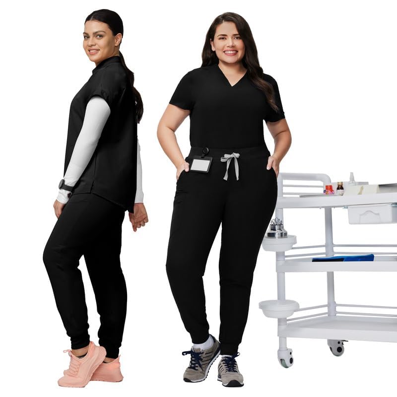 Medical Scrub Pants for Women - Mid Rise 4-Way Stretch Anti-Wrinkle Slim Fit Jogger Pants, Drawstring & 5 Pockets Regular Medium Black