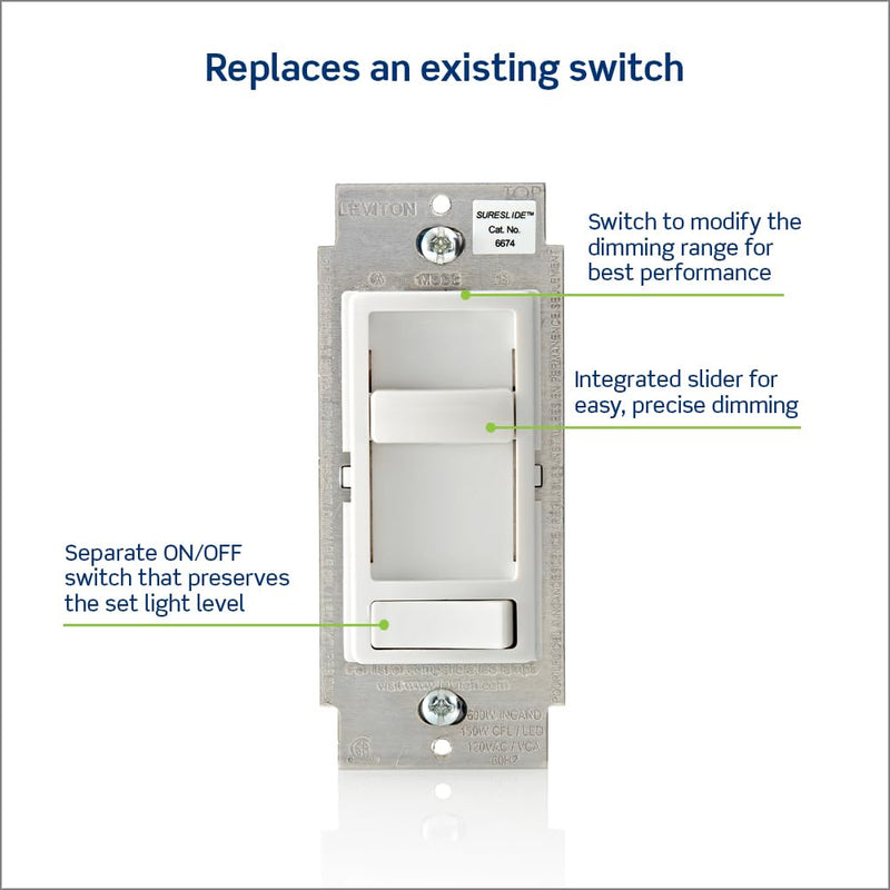 Leviton SureSlide Dimmer Switch for Dimmable LED, Halogen and Incandescent Bulbs, 6674-P0W, White
