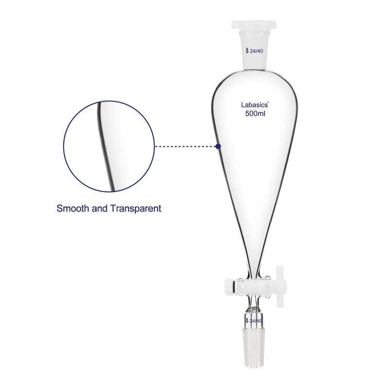 Labasics 500 ml Conical Pear-Shaped Separatory Funnel with PTFE Stopcock, Heavy Wall Borosilicate Glass with 24/40 Joints 500.0 milliliters 1 LB-XMK-Sep-Funnel-24/40