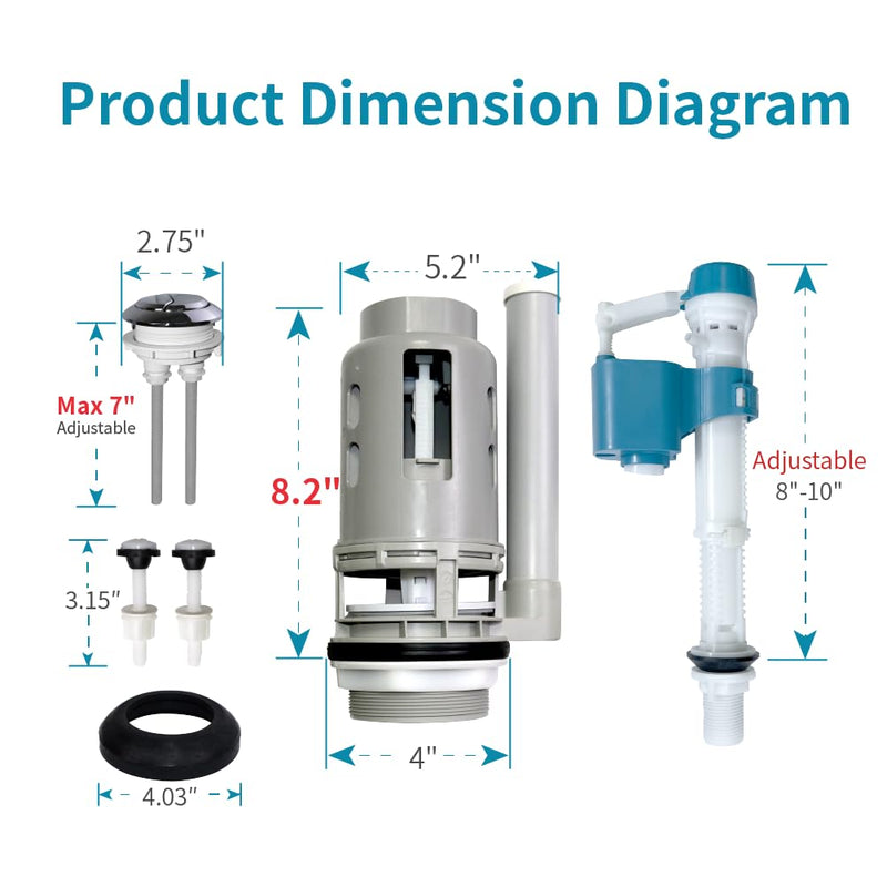 3-Inch Dual Flush Valve Replacement Kit for 2-Piece Toilet - Fits Glacier Bay, Aquasource and Most Universal. Includes 8.2” Flush Valve, Fill Valve, Button, Gasket, Bolts Upgraded 3-Inch Drain Outlet