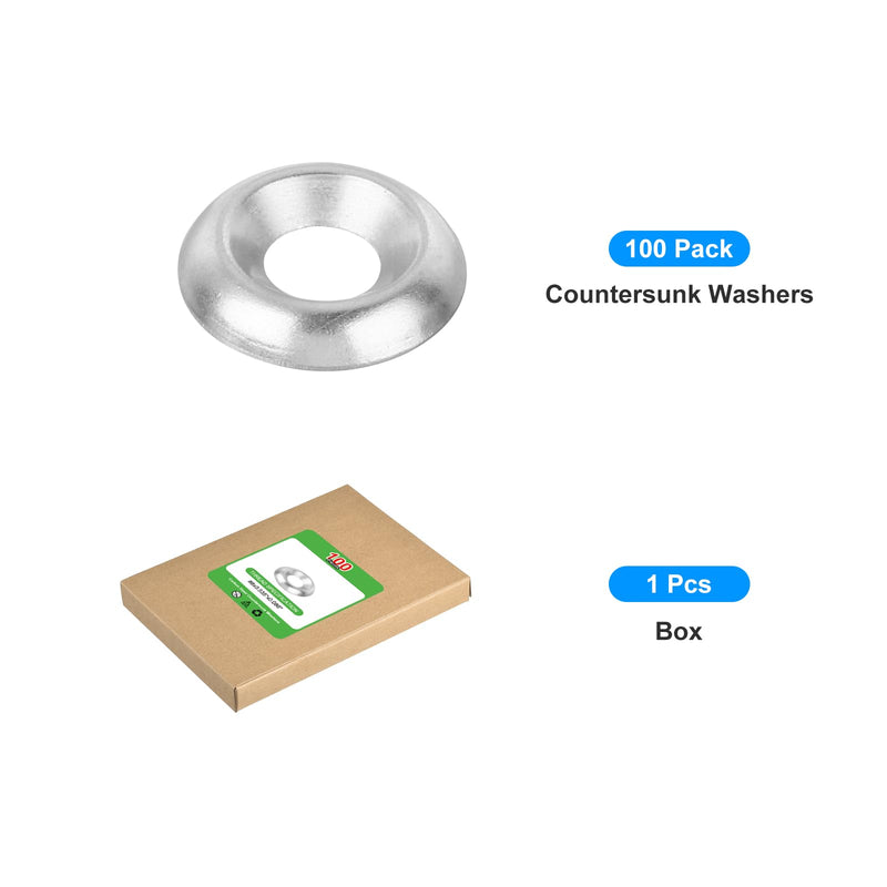 uxcell 100Pcs Countersunk Finish Washers, #8 Nickel-Plated Steel Countersunk Washers Gaskets for Screws Bolts, Silver 100