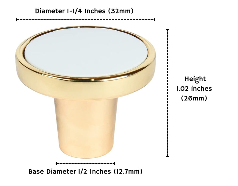 CAYBO 5 Pack 1-1/4 Inch 32mm Round Shiny Gold with White Knob for use on Your Dresser, Drawer, Kitchen, Office and Bathroom cabinets. Gold White