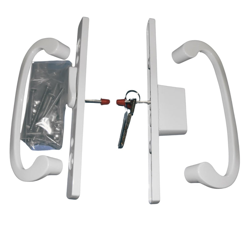 8.5" Legacy Sliding Patio Glass Door Offset Latch White Handle Set with Keys - Sash Controls 2265 Keyed Lock - Fits 3-15/16" Screw Hole Spacing and 1-1/4" to 2-1/4" Door Thickness