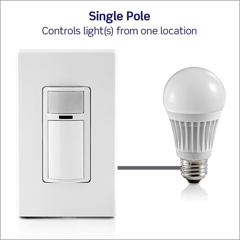 Leviton Motion Sensor Light Switch, Motion Activated, Auto-On/Auto-Off or Manual-On, 2A, No Neutral Wire Required, Single Pole, DOS02-LW, White