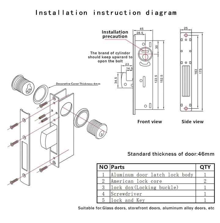 Storefront Mortice Hook Door Lock, Commercial Door Locks Mortise Cylinder Combo, Mortise Cylinder Hook Bolt with Keys(1-1/8" Backset) Hook locking tongue