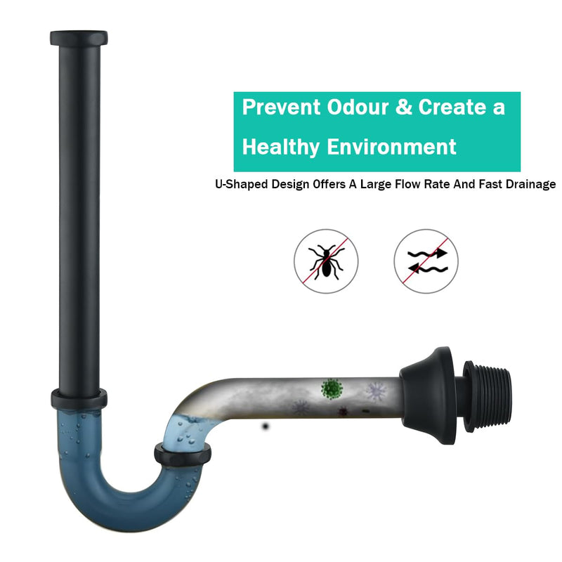 Brass P Trap U-Shape 1 1/4 inch Sink Drain Pipe with Slip Joint Extension Tub,12 inch Vertical Pipe length Adjustable Height Sink Waste Trap Drain Kit Matte Black,SE83555MB-L