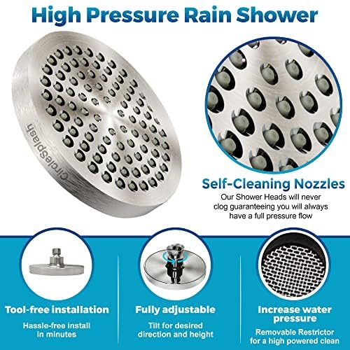 High Pressure Shower Head - Anti-Clogging Silicone Nozzles - 2.5 GPM Removable Restrictor - Easy to Clean Adjustable Replacement - easy to install with Plumbers Tape - 6 inch - Brushed Nickel Finish 2.5GPM