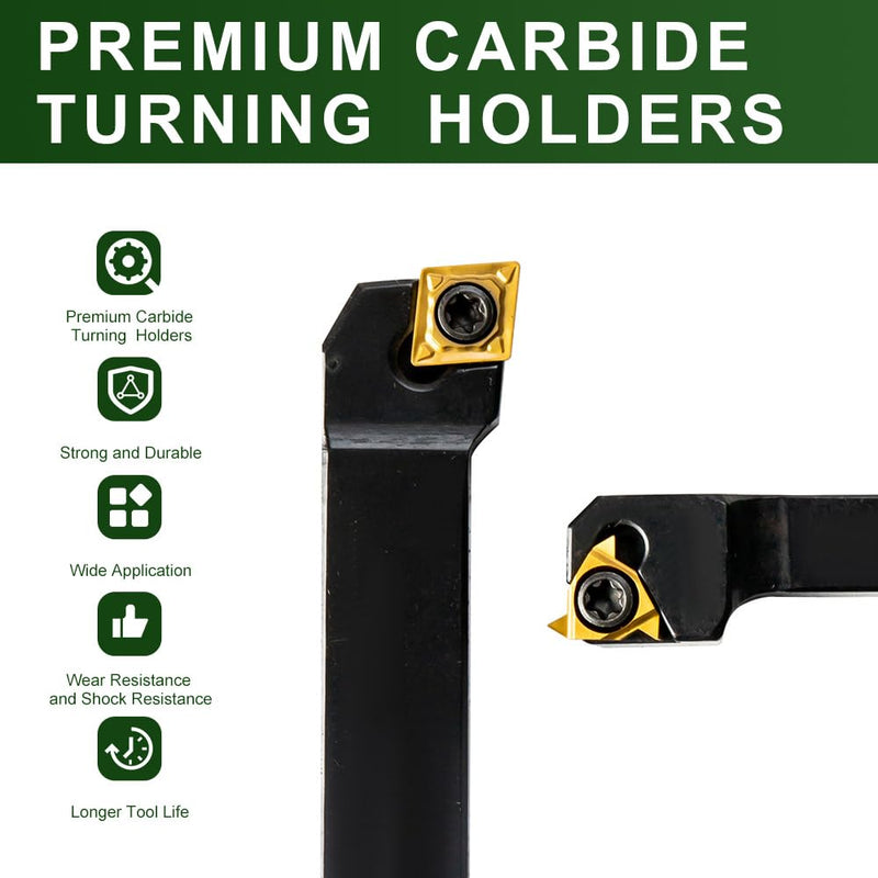 Indexable Lathe Turning Tool-1/4" Shank 7 Pieces Carbide Turning Tool Set, CNC Heavy-Duty Metal Lathe Cutting Tools for Turning Grooving Threading Cutting with Tin Coated Carbide Inserts