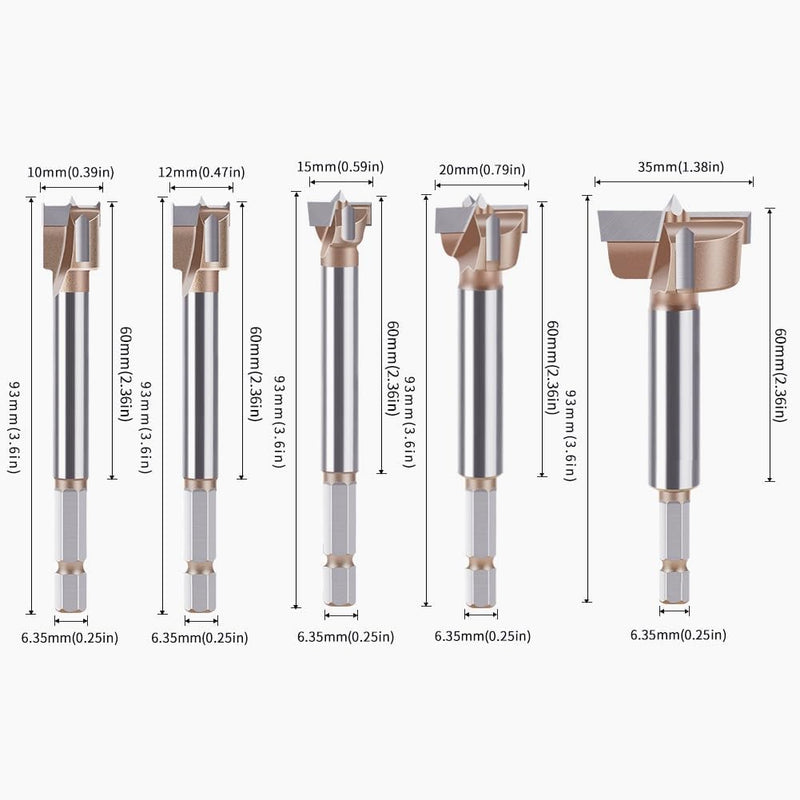 5 PCS Forstner Drill Bit Set, Professional Hexagonal Shank Woodworking Hinge Boring Bit Tungsten Carbide Blade Three-Tooth Double Blade Design Multiple Sizes(10mm, 12mm, 15mm, 20mm, 35mm) Brown