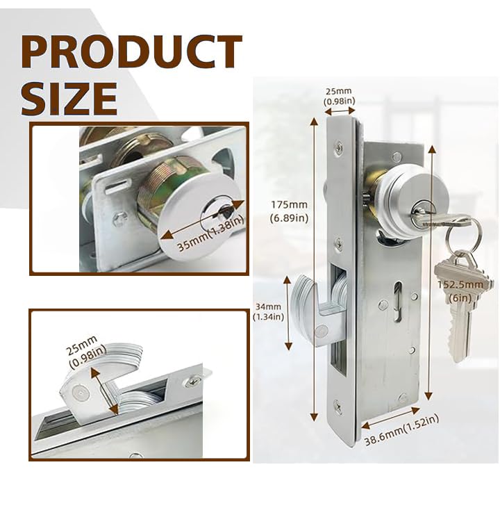 Storefront Mortice Hook Door Lock, Commercial Door Locks Mortise Cylinder Combo, Mortise Cylinder Hook Bolt with Keys(1-1/8" Backset) Hook locking tongue