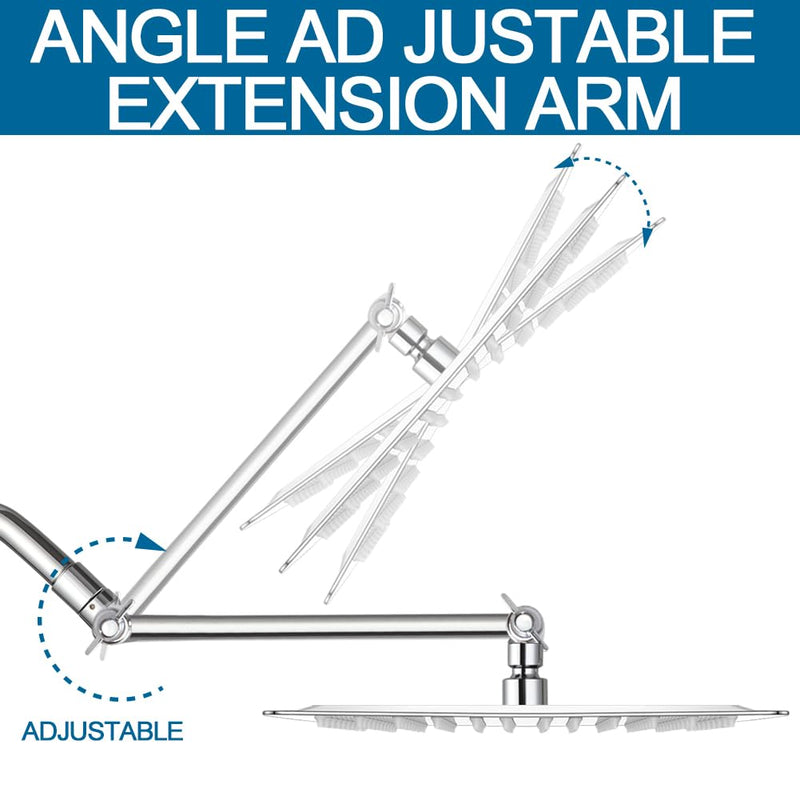 POP SANITARYWARE 12 Inch Shower Head with Adjustable Extension Arm, Stainless Steel Rainfall Showerhead with Shower Arm Extender, Waterfall fixed Showerheads, Chrome Square