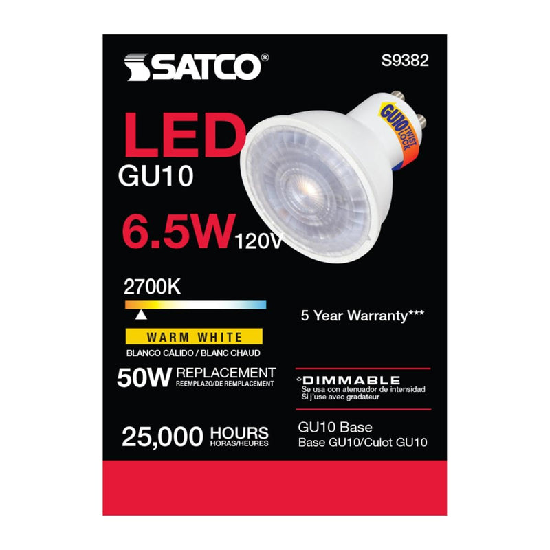 Satco S9382-6.5 Watt MR16 LED Reflector Light Bulb; 2700K Warm White; 500 Lumen; 40 Deg. Beam Angle; GU10 Bi-Pin Base; Dimmable, 120 Volt (6 Bulbs)