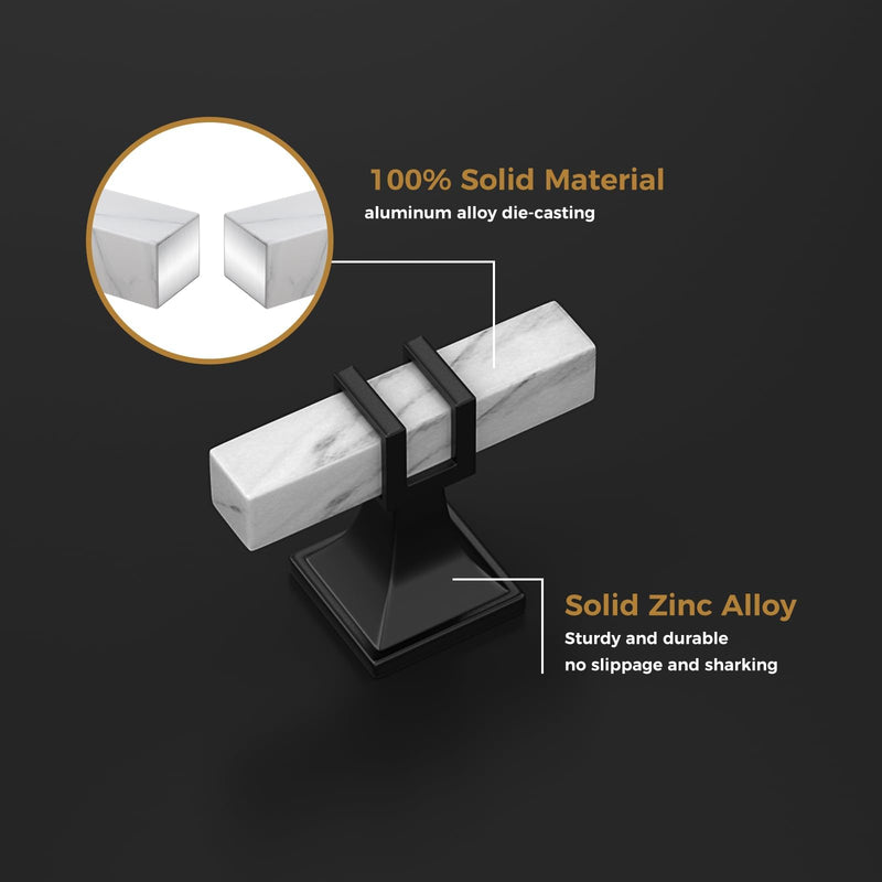 homdiy 10 Pack Black Cabinet Knobs, White Marble Grain Knobs for Kitchen, Cabinet Pulls Black T Bar Pulls Hardware, Square Drawer Dresser Knob for Cupboard Bathroom Bedroom single hole knob White Marble & Black