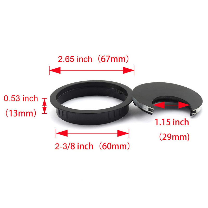 HJ Garden 1pc 2-3/8 inch (60mm) Metal Desk Grommets with Brush Open for Managing and Hiding Wire Cord Cable Hole Cover Office PC Desk Cable Cord Organizer Zinc Alloy Cover Black 1