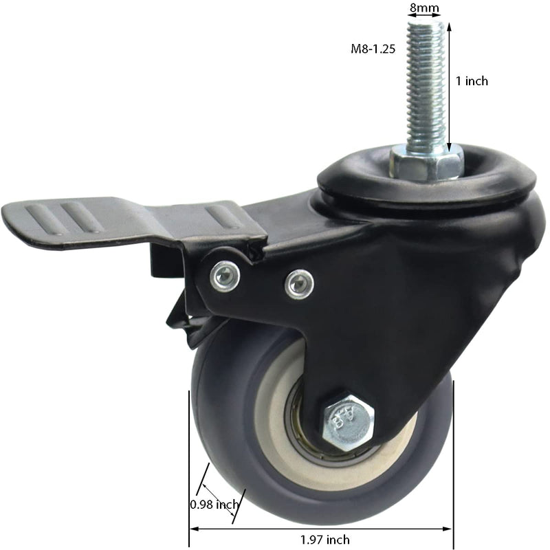2 Inch Swivel Caster Wheels Set of 4, Metric M8-1.25 Threaded stem(Bolt Diameter 8mm, Length:1″) Durable Soft Rubber casters with Double Lock Mechanism, castors for Carpet Hardwood Floor. Grey TPR 2 inch