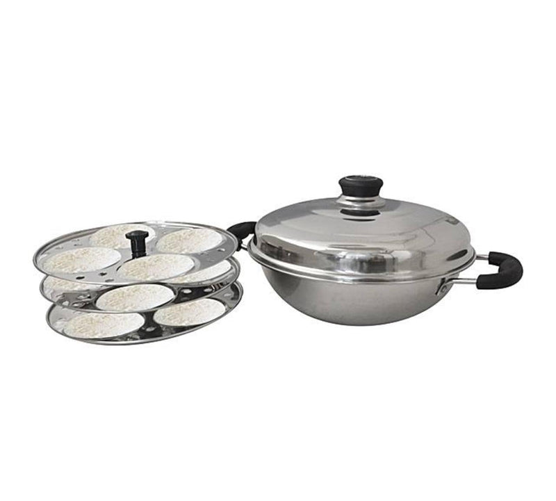 Stainless Steel Idli Maker with Lid, Idli Pot Steamer, 3 Plates (12 Idlies), Silver