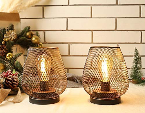 JHY DESIGN Set of 2 Metal Cage LED Lantern Battery Powered Cordless Accent Light with LED Great for Weddings Parties Patio Events for Indoors Outdoors Set of two bronze egg