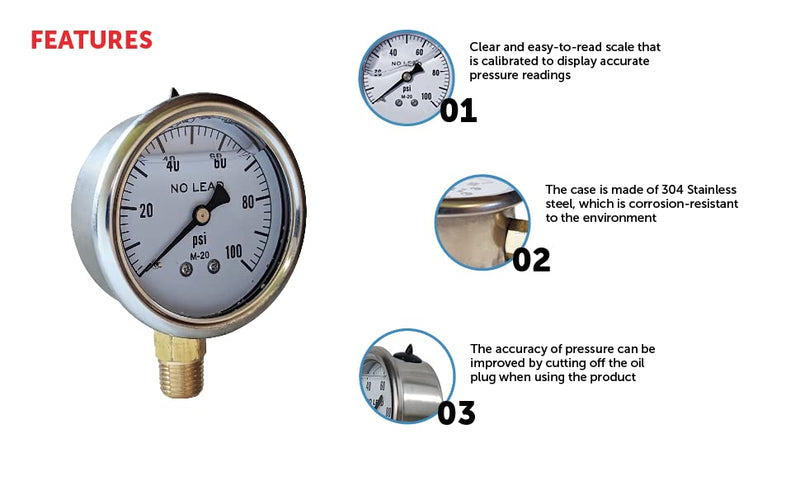 Merrill MFG 2-1/2" Liquid Filled Pressure Gauge, 0–100 PSI/kPa, Stainless Steel Case, 1/4" NPT Lower Mount, No-Lead, Vibration-Resistant (100 PSI Range) 100 PSI