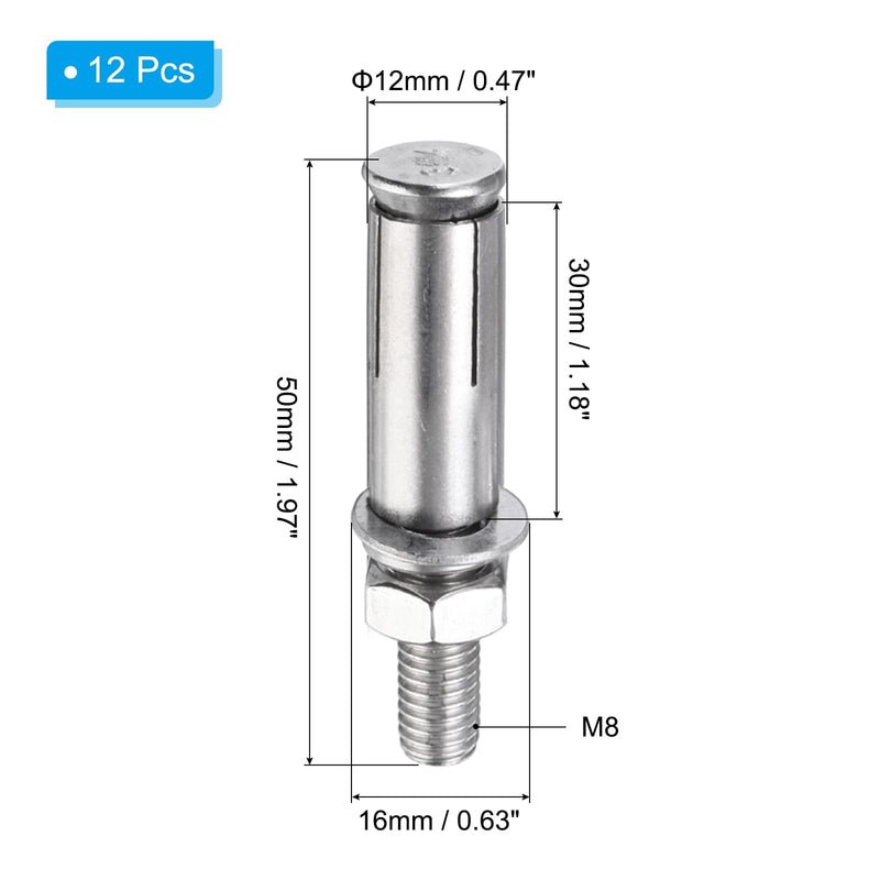 PATIKIL M8 x 50mm Expansion Bolts, 12Pcs 304 Stainless Steel Expansion Screw Bolts Sleeve Anchoring Fastener for Wall Concrete Brick Wall Drywall Air Conditioner, Silver 12