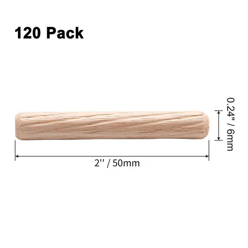 120pcs Hardwood Wood Dowel Pins, 1/4" x 2" Fluted Wood Dowels Rods Crafts Dowel Pegs for Woodworking Furniture Door Arts and Crafts DIY Projects, Straight Grooved 1/4" x 2"