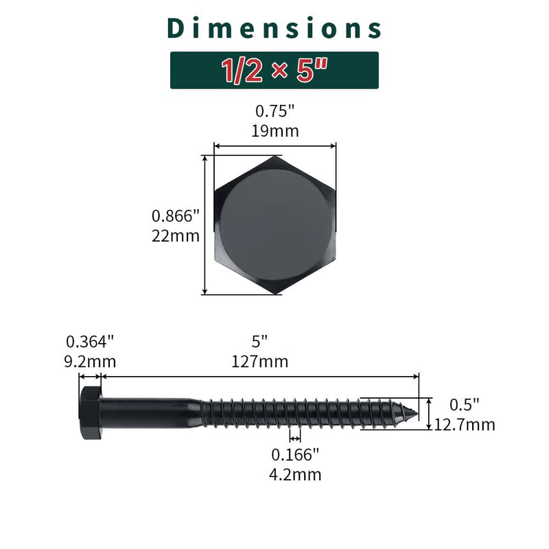 1/2 x 5 Black Hex Head Lag Screws Bolts (6 pcs), 304 Stainless Steel 18/8, Black Oxide Coated, Partial Thread, Deck Screws, Heavy Duty Hex Head Wood Lag Screws, Fayeploo 1/2 x 5" 6