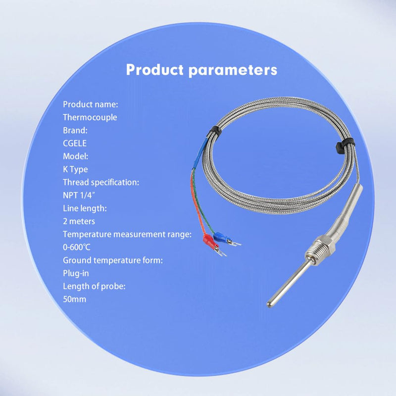 K-Type Thermocouple Temperature Sensors NPT 1/4"(5×50MM)0~600℃，2M/6.6Ft Wire Probe Length Two Wire Stainless Steel Probe Temperature Detector Temperature Gauge 50mm NPT 1/4"