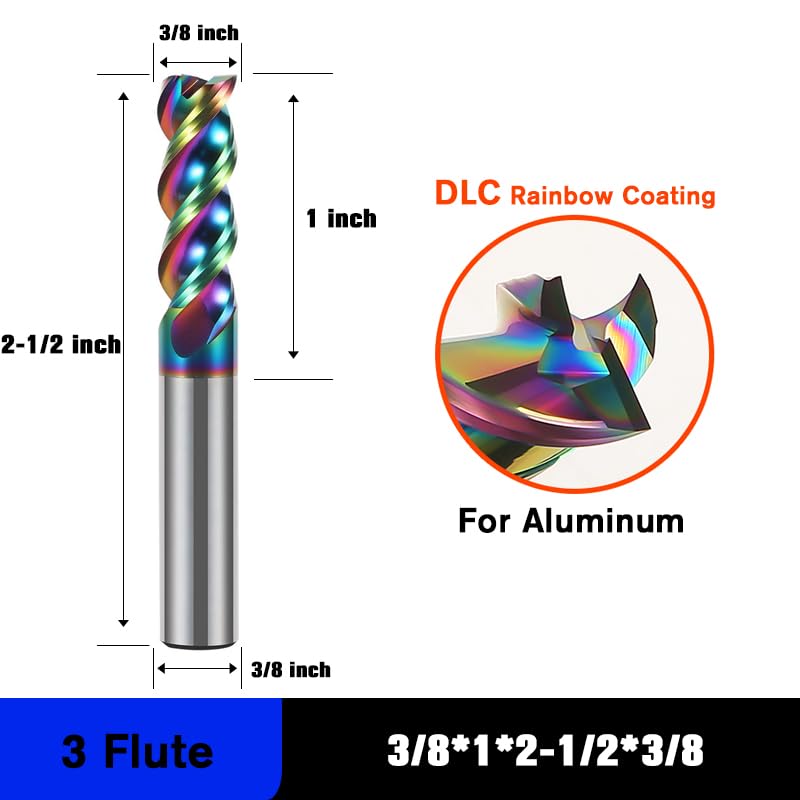 3/8" Carbide Square End Mill Bits for Aluminum - 3/8" Shank Dia,2-1/2'' Oal - 3 Flutes DLC Rainbow Coating - Durable 3/8"DLC (1 Pieces)