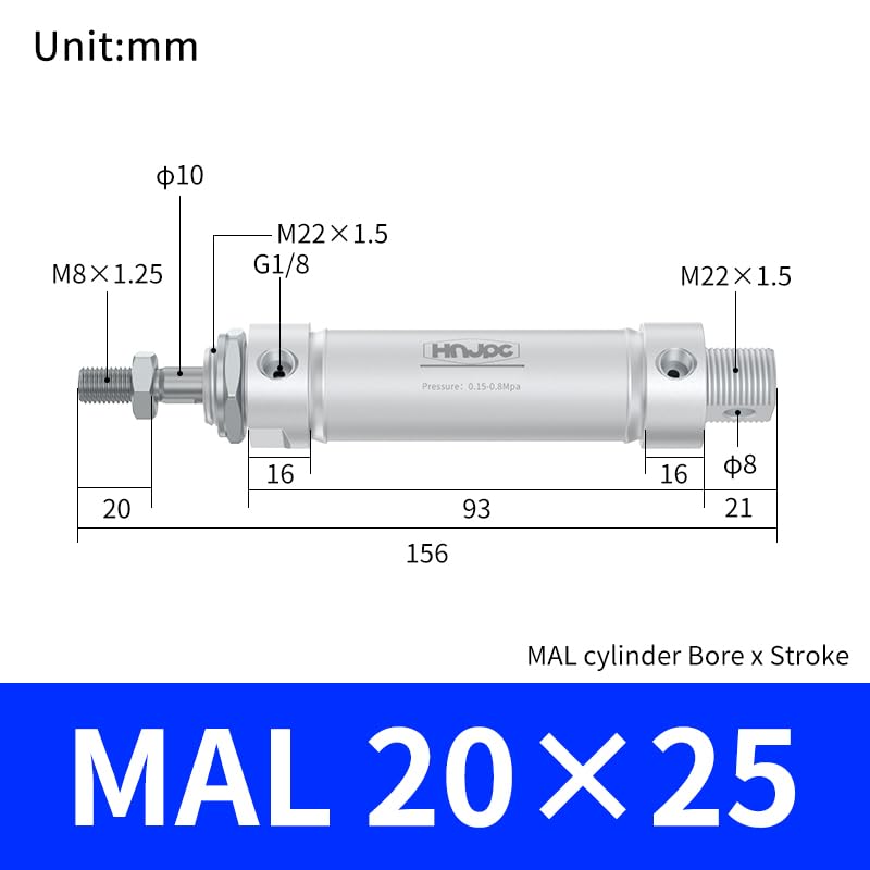 MAL Mini cylinder 20mm Bore 25mm Stoke Aluminum alloy round small double acting air cylinder MAL20x25 25mm Stroke