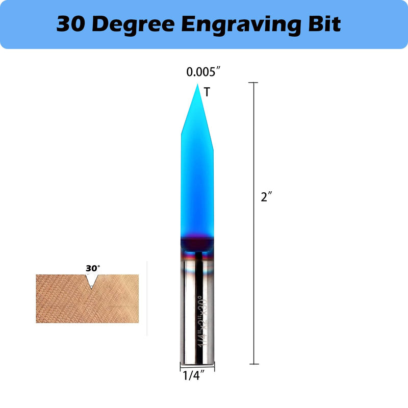 VIC027 CNC Router Bits 15&30 Degree Engraving Bits 0.005" Tip with 1/4 Shank Nano Blue Coat Solid Carbide V Groove Router Bit for Signmaking Carving (15&30 Deg 0.005" Tip 1/4" S*2" OVL, 2) 15& 30deg 0.005" Tip 1/4"S×2"OVL