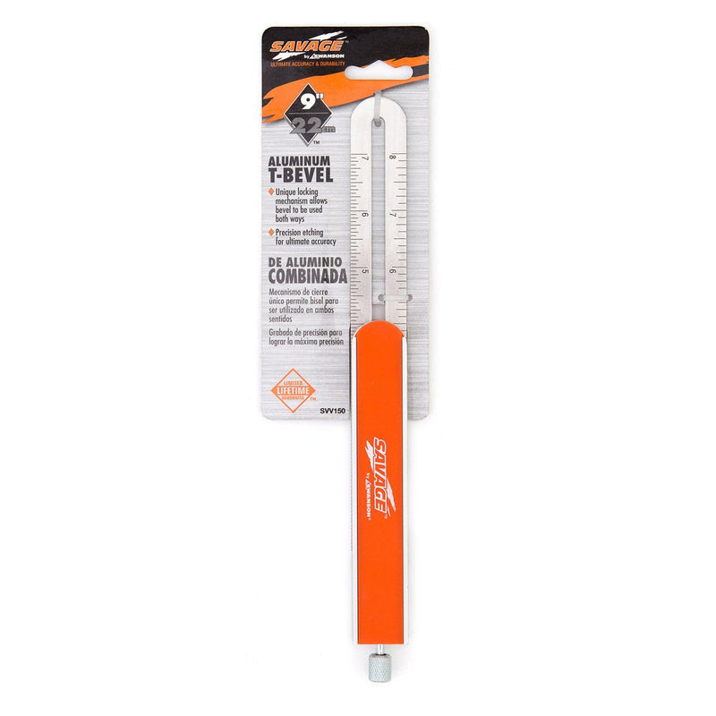 Swanson Tool Co SVV150 9 inch Savage T-bevel with Stainless Steel Rule, Inches/Metric Marks, Comfort Grip Handle, Secure Metal Knob