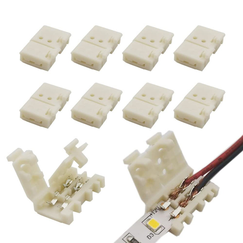 2-Pin 8mm LED Connectors Solderless Unwired Clips - DIY Strip to Wire Quick Connection for 12v 24v Single Color SMD 3528 2835 Tape Lights (Pack of 10)