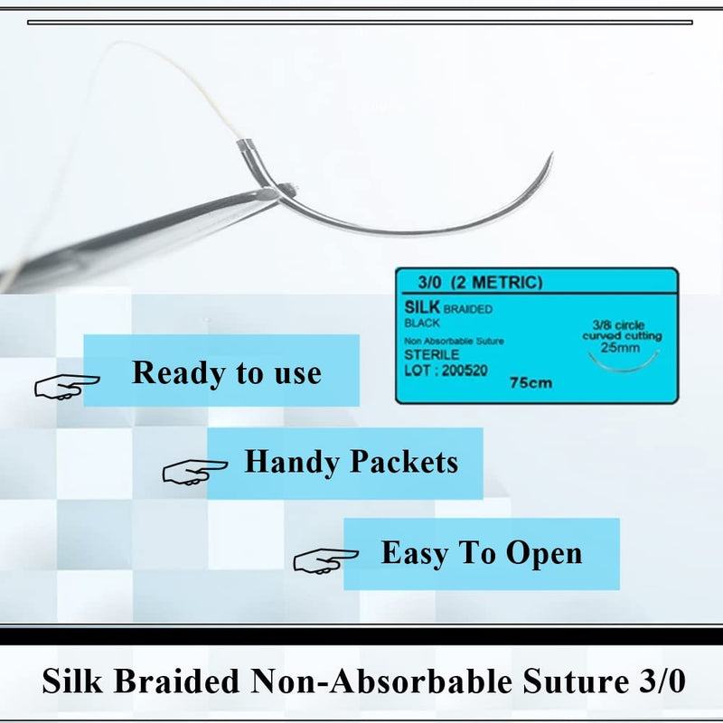 HTI Practice Suture Thread 3-0 Silk Sterile with Needle Box of 12 Pcs for Nursing Student Training Kit Practicing Suturing MD, RN, EMT, Vet Demo