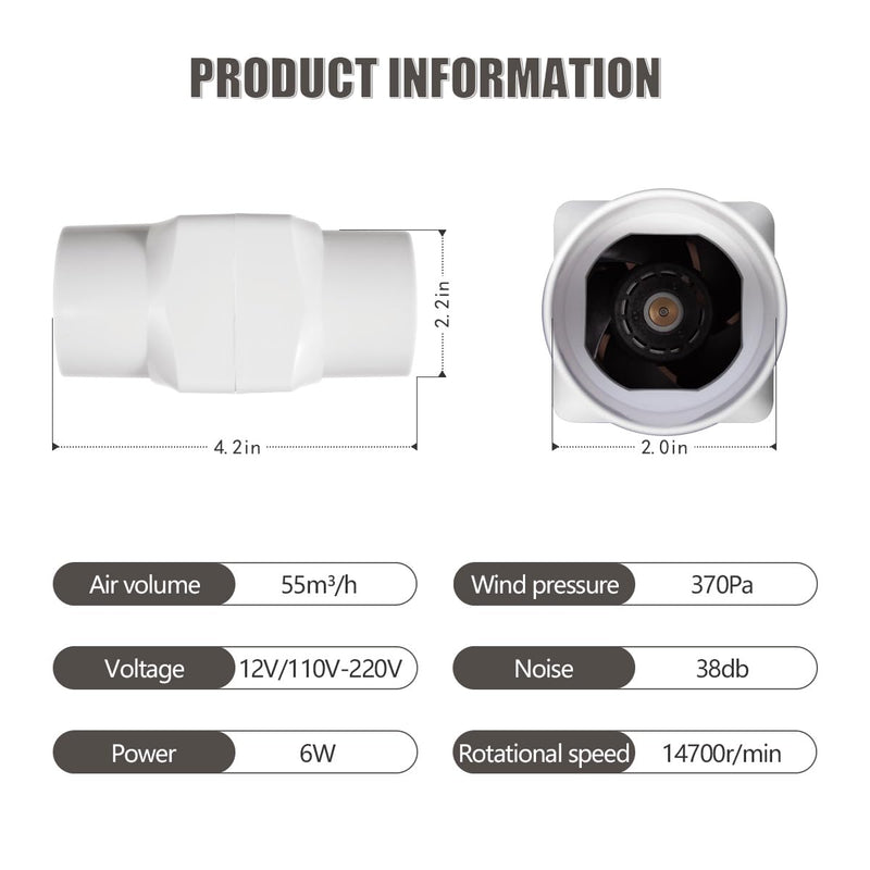 2 inch/50mm Inline Booster Duct Fan 6W with Variable Speed Controller Ventilation Cooling Exhaust Fan Low Noise Energy Efficient Blower Can Fan for 3D Printer Bathroom Kitchen (Adjustable Speed) Adjustable Speed
