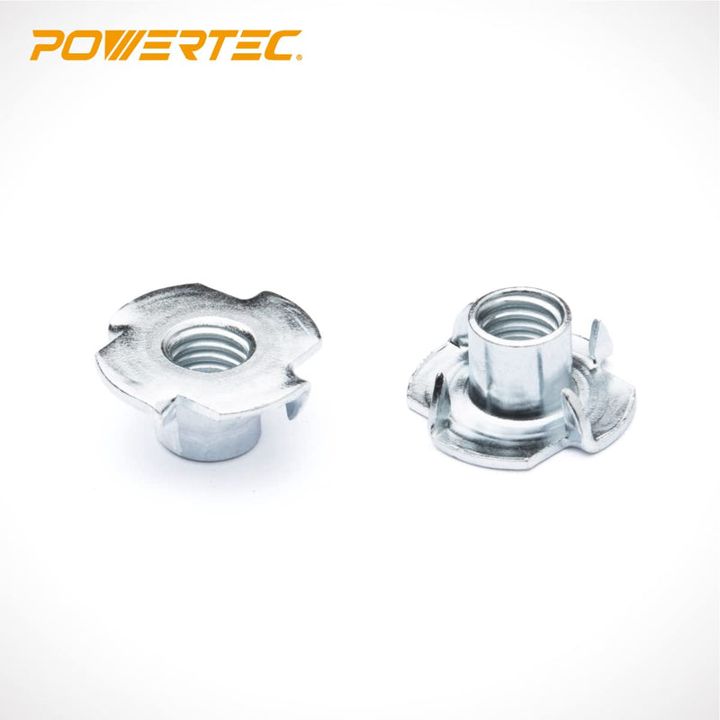 POWERTEC 3/8"-16 T Nuts 50 Pcs, 4 Pronged Tee Nuts for Bolts and Stem Caster Wheels, Threaded Inserts for Wood Working, Rock Climbing Holds and Furniture, for Use with Hammer | 7/16" Length (QTN1115) 7/16"