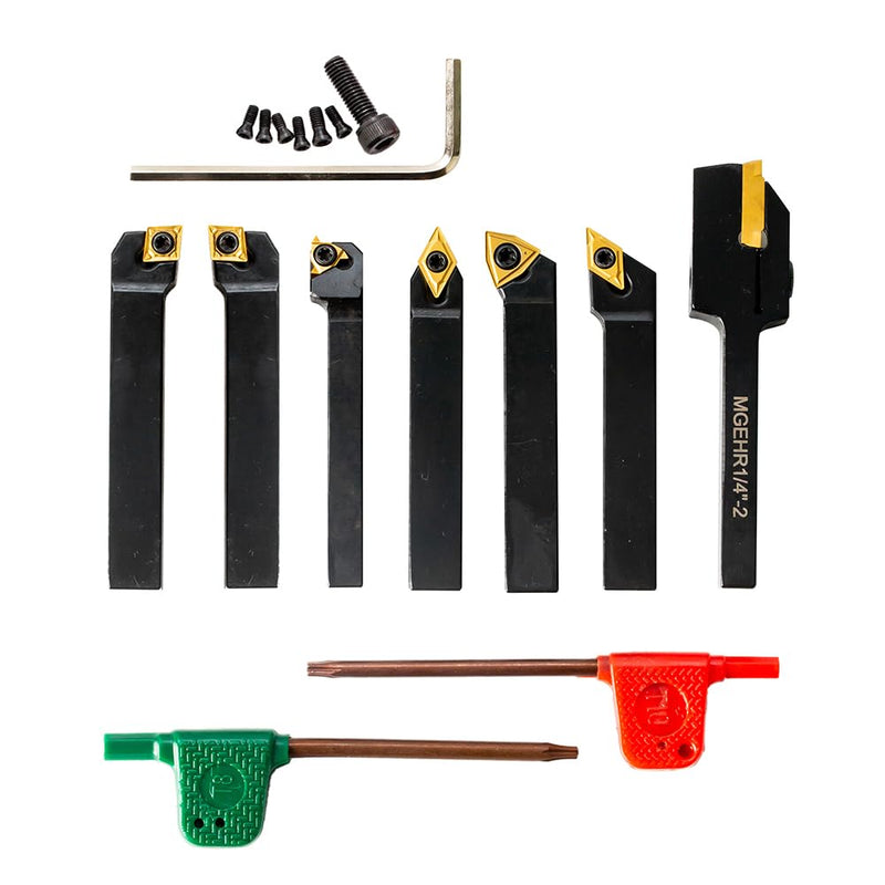Indexable Lathe Turning Tool-1/4" Shank 7 Pieces Carbide Turning Tool Set, CNC Heavy-Duty Metal Lathe Cutting Tools for Turning Grooving Threading Cutting with Tin Coated Carbide Inserts
