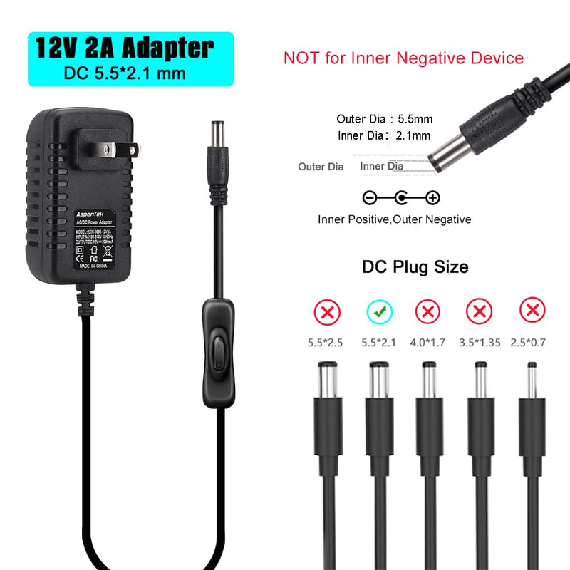 12V Power Supply with Switch for Led String Light, Led Strip Light, Neon Sign, Under Cabinet Lighting, DC 12V CCTV Camera,Output 2A, 24 Watt Max