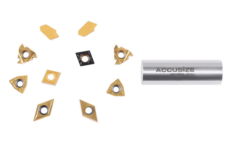Accusize Industrial Tools 2 Pc of Each Kind of Carbide Inserts for 2988-0058, Tin Coated, Total 10 Pieces, 2988-0058Inserts | 2 Each of 16ER, GTN-3, WCMT32.5, CCMT32.5, and DCMT32.5; TiN and CVD Coated for Steel, 2988-0058INSERTS