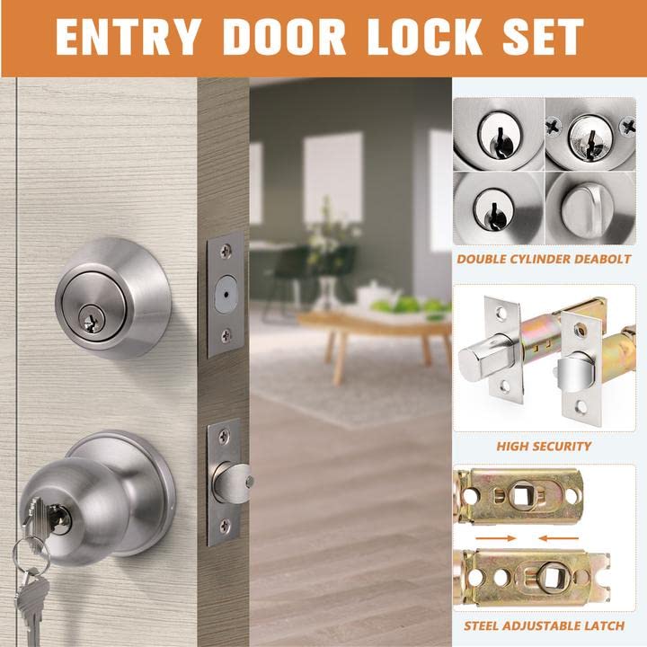 Probrico Satin Nickel Entry Door Knob and Double Cylinder Deadbolt Combo Pack, Keyed on Both Sides, Front Door and Exterior Gate Lockset Hardware 1 Pack Brushed Nickel
