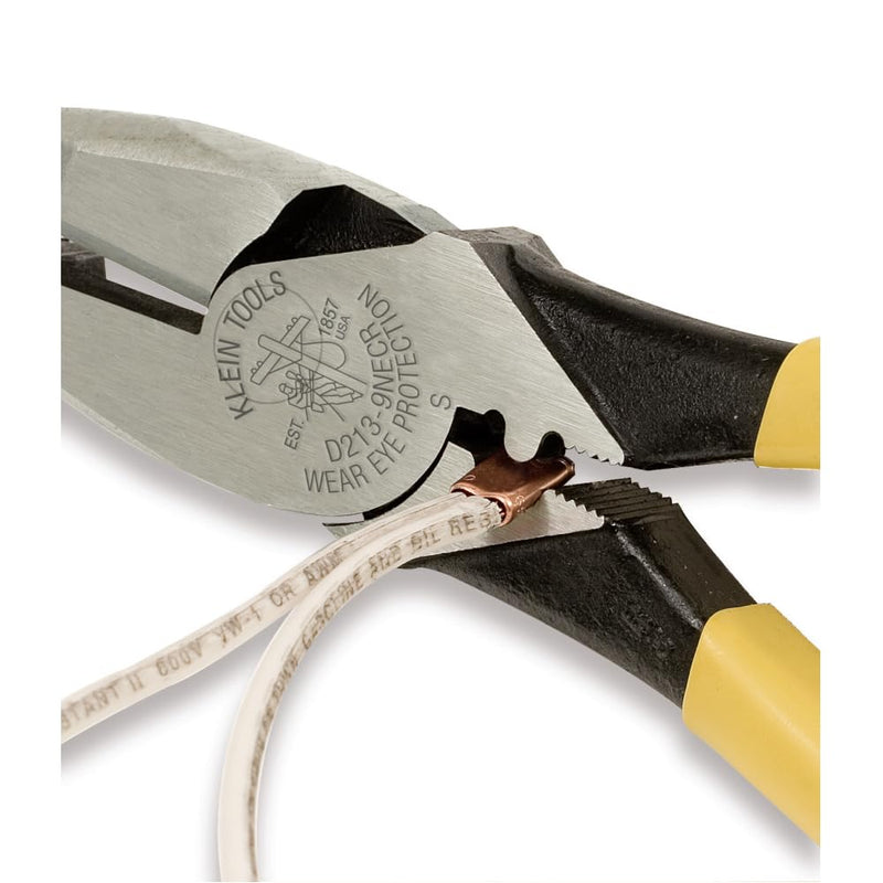 Klein Tools D213-9NE-CR Lineman's Crimping Pliers, Made in USA, Streamlined High-Leverage Design Made of Induction Hardened Steel, 9-Inch With Crimping