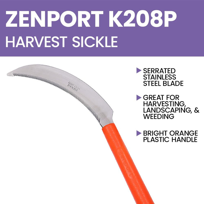 Zenport K208P Harvest Sickle with Plastic Handle, Light Serration, 6.5-Inch Stainless Steel Blade , Orange 1