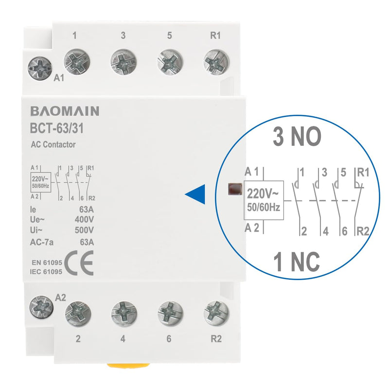 Baomain 220V AC 4-Pole Modular Contactor, 63A 3NO1NC Normally Open + Normally Closed, DIN Rail Mount for HVAC, Motor, Pump & Lighting Control BCT-63/31-220VAC 63 Amp. 220 VAC