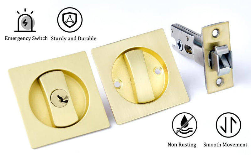 Dontay Keyed Pocket Door Lock,Flush Mount Recessed Knob,2-3/8 inch Backset,Square Bed Bath Hardware Fit Sliding Barn Interior Door Thickness 1-3/8 to 2-3/16 inch(Satin Brass,1) Satin Brass