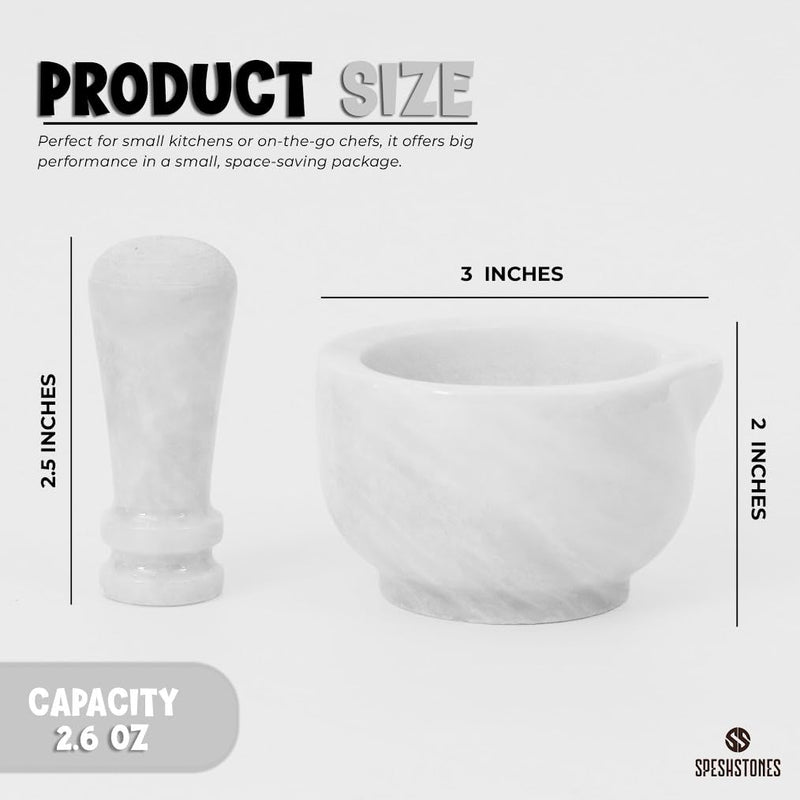 Marble Mortar and Pestle Set Handmade 3 Inch White Stone Pill Crusher Fine Powder - Spice Grinder Manual for Kitchen Decor, Herb Grinding Bowl & Small Garlic Crusher