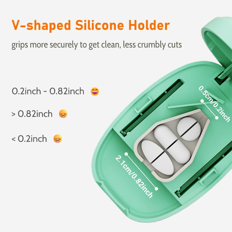 Safety Pill Splitter with Blade Shield, Travel Pill Cutter with V-Shaped Silicone Rubber Holder, Portable Medicine Slicer with Storage Compartment (Green) Green