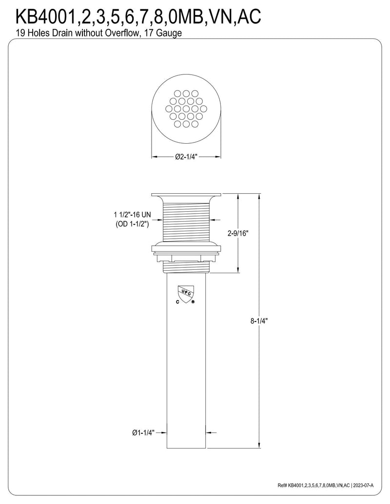 Kingston KB4003 Grid Drain without Overflow, 17 Gauge, Antique Brass