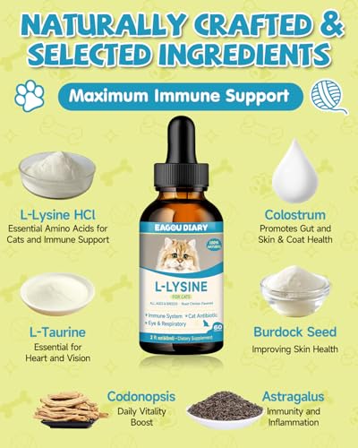Cat & Dog Ear Cleaner - Gentle Cat & Dog Ear Cleaning Solution - L-Lysine for Cats,Lysine Drops Immune Support Supplement