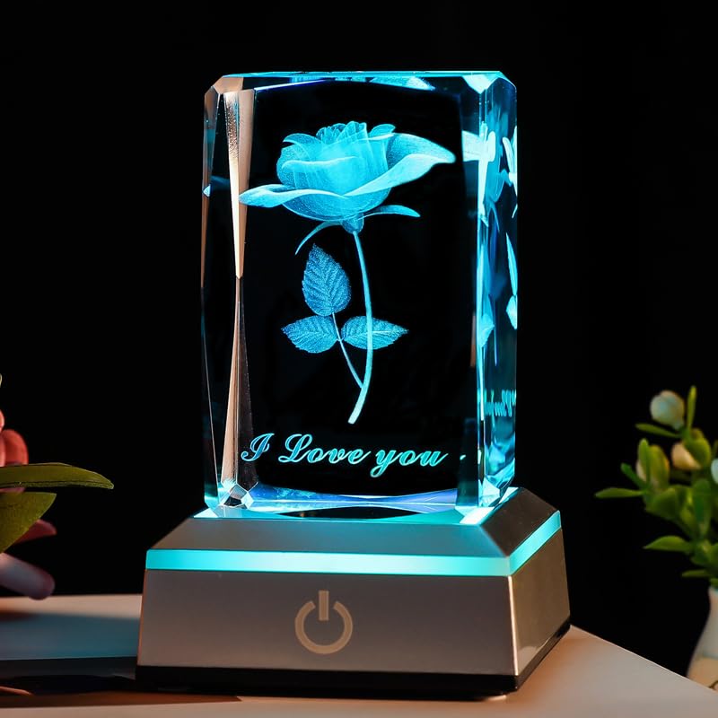 BAHUJIDA 3D Rose Crystal with LED Color Lamp, Mothers Day Gift，Birthday Present for Girlfriend, Wife, Mother, Friendship and Love Commemorate Unique Anniversary Rose Rose 1