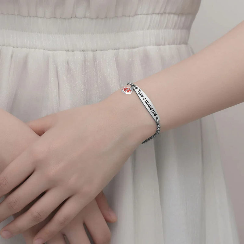 Medical Alert Bracelets for Women,Medical Id Bracelets with Free Laser Engraving,Stainless Steel Adjustable Wristband Bracelets Dual-Side Engraving Type 2 DIABETES