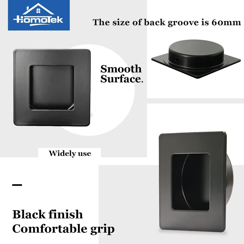 HOMOTEK 4 Pack 2-3/4 Inch Square Recessed Sliding Closet Door Finger Pulls, Diameter 2-3/8 Inch(60mm) Stainless Steel Flush Handles for Pocket Door, Bypass Barn Drawer Pulls(Black) Square-Black